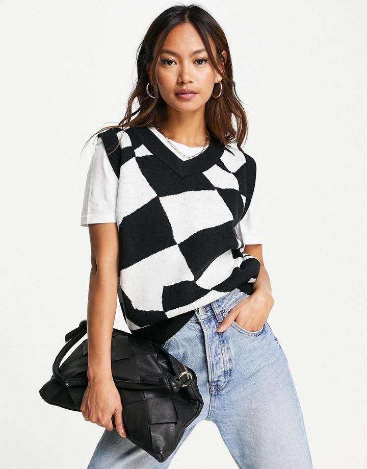 Gianni Feraud V-neck Knit Printed Sweater Vest In Black And White-multi