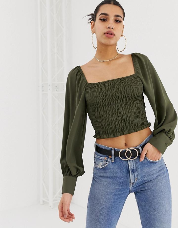 Asos Design Shirred Crop Top With Long Sleeve - Green