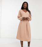 Asos Design Tall Oversized Textured Shirt Smock Midi Dress In Mocha-neutral