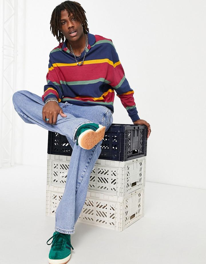 Asos Design Relaxed Long Sleeve Polo T-shirt In Red Stripe-multi