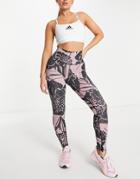 Adidas Training All Over Floral Print 7/8 Leggings In Black And Pink-multi