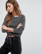New Look Stripe Tie Front Top - Black