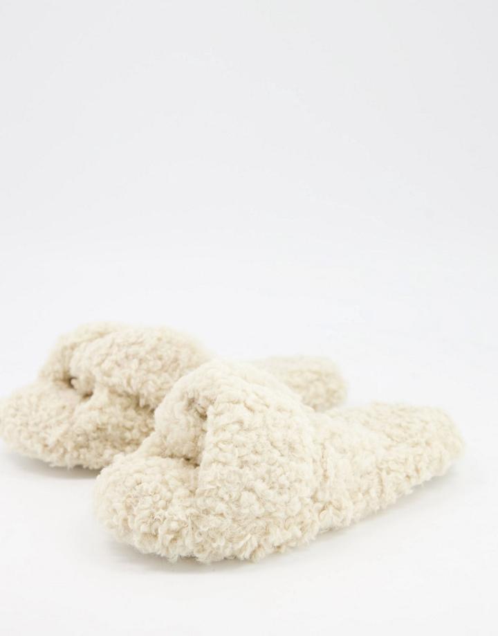 Asos Design Zeve Twist Slide Slippers In Cream Sherpa-white
