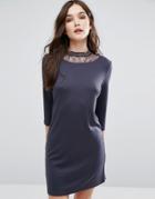 Vila 3/4 Sleeve Dress With Lace Neckline - Black