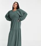 Asos Design Curve Shirred Bodice Maxi Dress In Khaki-green