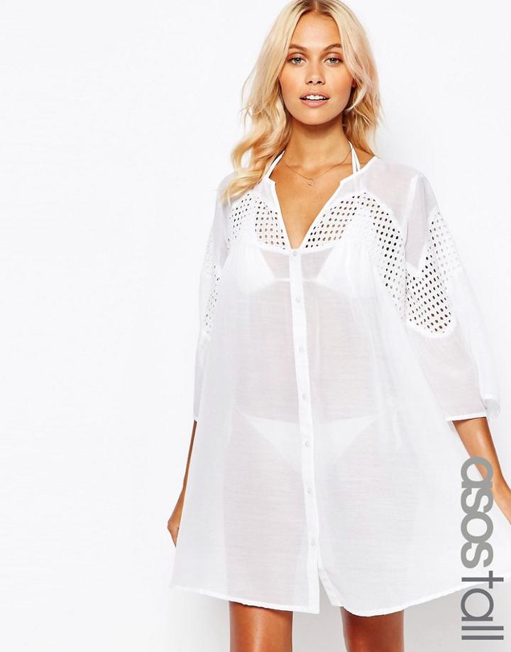 Asos Tall V Neck Corded Lace Button Front Smock Beach Dress - White