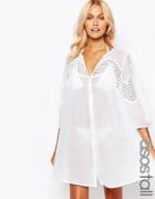 Asos Tall V Neck Corded Lace Button Front Smock Beach Dress - White
