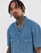 Asos Design Oversized Denim Shirt In Mid Wash With Double Pockets & Revere Collar-blue