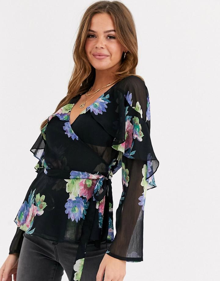 Asos Design Floral Wrap Top In Sheer With Ruffle In Floral Print-multi