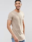 Asos Super Longline Muscle T-shirt With Curved Hem And Seam Detail In Fine Rib In Beige - Silver Mink