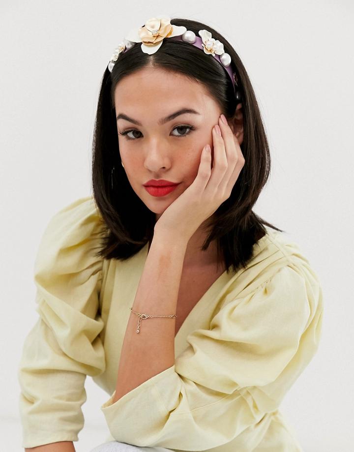 Asos Design Headband With Floral And Pearl Embellishment In Pastel Lilac - Purple