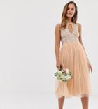 Maya Bridesmaid Delicate Sequin Midi Skater Dress With Keyhole Detail In Soft Peach - Pink