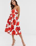 Asos Design Scallop Poppy Floral Print Midi Skater Dress - Red