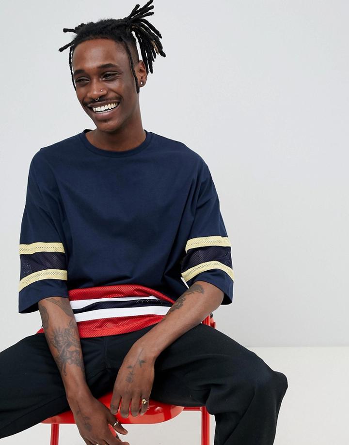 Asos Design Oversized T-shirt With Half Sleeve And Mesh Panels In Navy - Navy