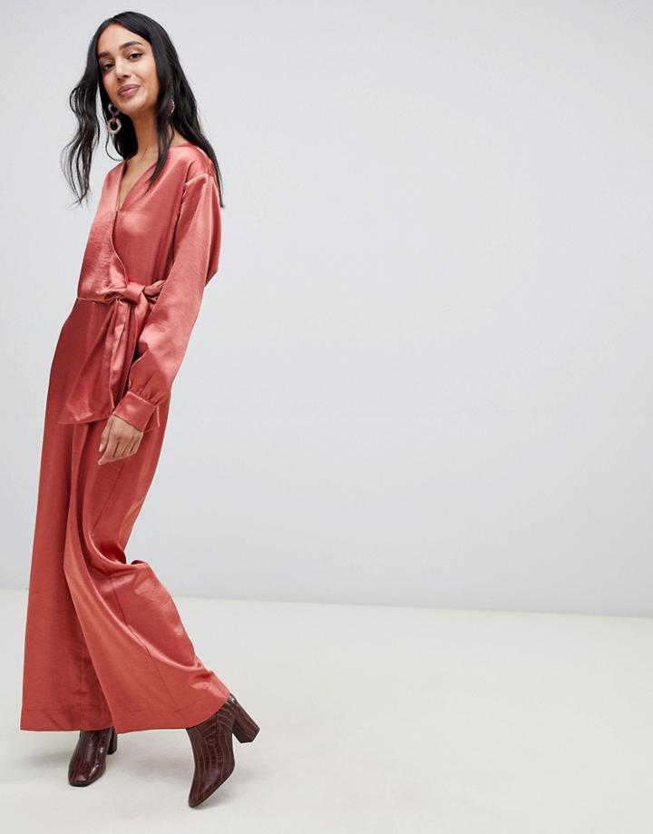 Lost Ink Wrap Front Plunge Jumpsuit In Satin - Brown