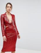 Asos Cowl Front Cut Out Sequin Midi Dress-red