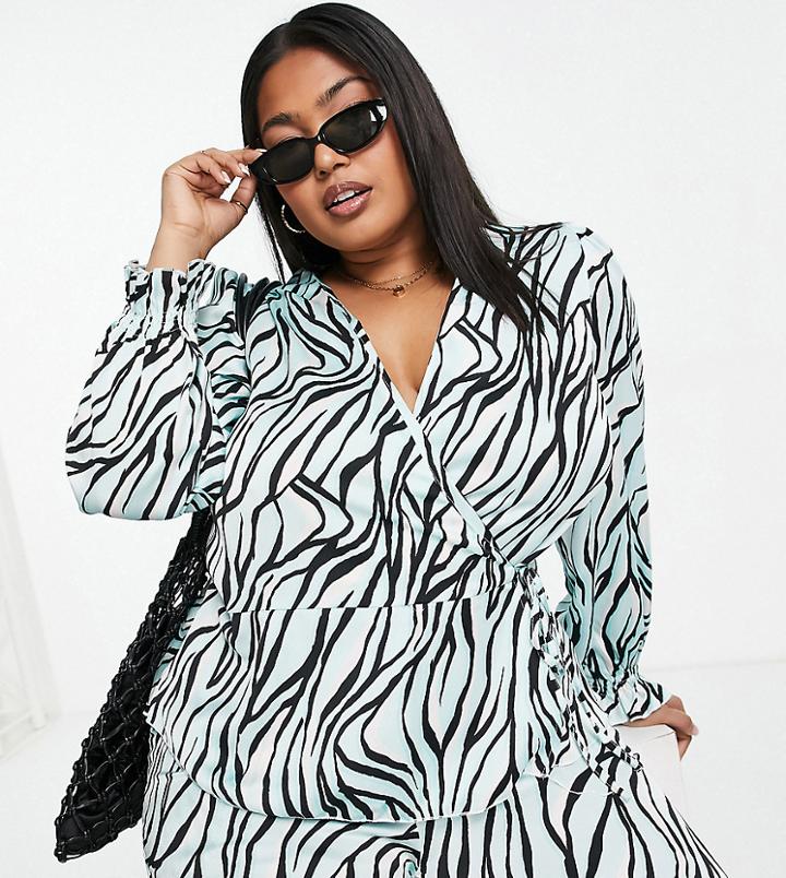 New Look Curve Satin Wrap Blouse In Aqua Tiger Print-multi