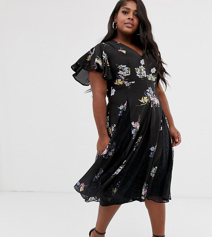 Asos Design Curve Midi Dress With Godet Lace Inserts In Purple Bloom Print - Multi
