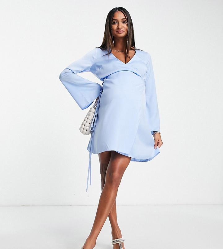 Asos Design Maternity Satin Flared Sleeve Mini Dress With Tie Waist-blue
