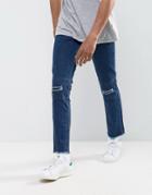 Hoxton Denim Vintage Cropped Patchwork Slim Fit Jeans With Raw Hem And Rips - Blue
