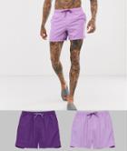 Asos Design Swim Shorts 2 Pack In Purple Mid Length Multipack Saving