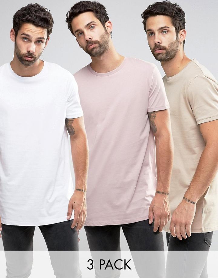 Asos 3 Pack Longline T-shirt In White/beige/pink - Multi