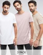 Asos 3 Pack Longline T-shirt In White/beige/pink - Multi