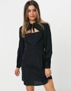 New Look Tie Neck Ruffle Detail Mini Dress In Black