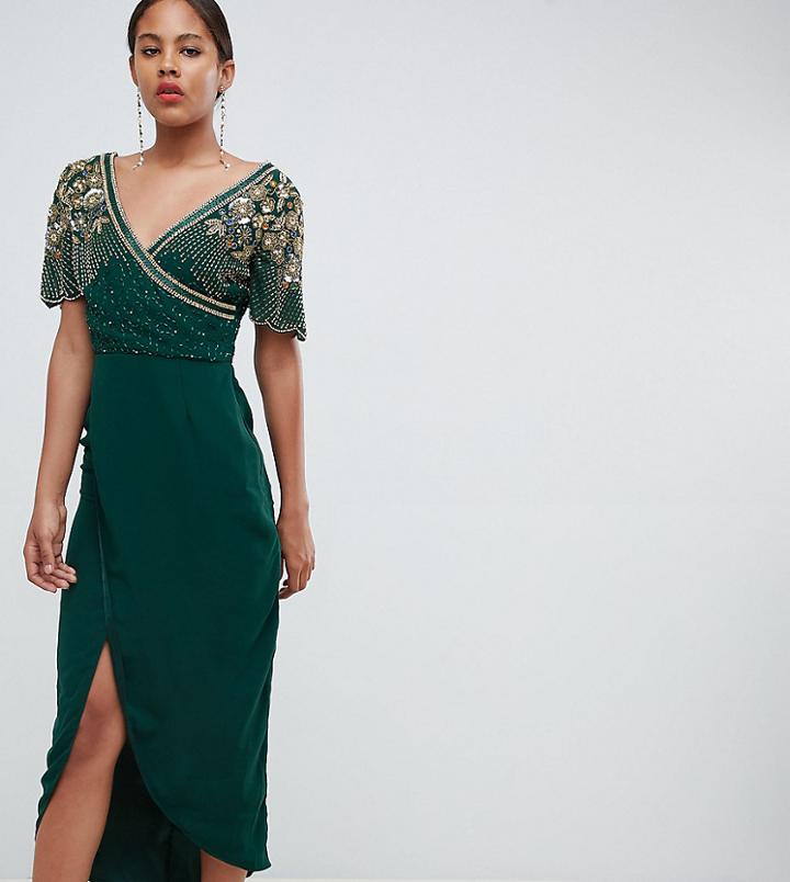 Virgos Lounge Tall Julisa Embellished Wrap Midi Dress In Emerald Green - Green