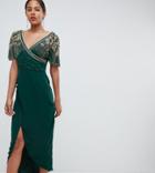 Virgos Lounge Tall Julisa Embellished Wrap Midi Dress In Emerald Green - Green