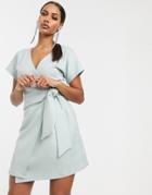 Asos Design Scuba Pleated Wrap Front Mini Dress-blue