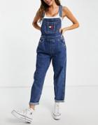 Tommy Jeans Denim Logo Overalls In Mid Wash-blues
