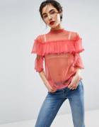 Asos Mesh Dobby Top With Cold Shoulder And Ruffle - Pink