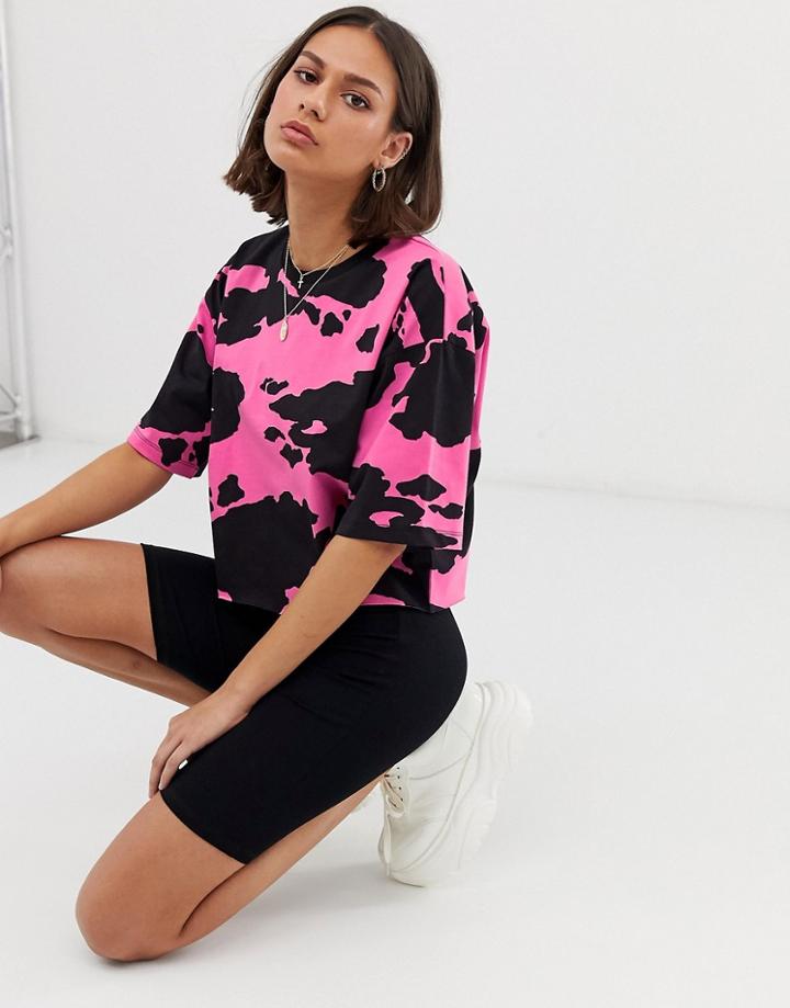 Asos Design Cropped Boxy T-shirt In Pink Cow Print - Pink