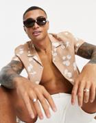 Asos Design Regular Revere Shirt In Linen Neutral Tone Scribble Floral Print