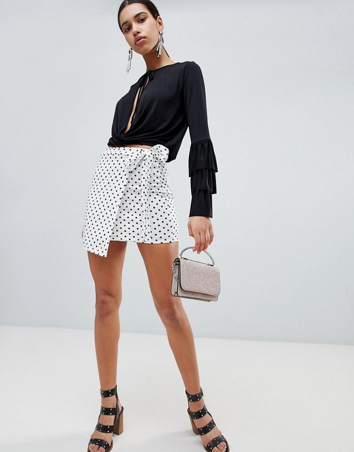 Boohoo Polka Dot Tie Side Skirt - White