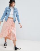 Asos Wrap Midi Skirt In Cotton With Ruffle Hem - Pink