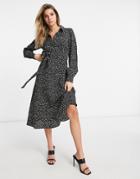 Pretty Lavish Printed Shirt Tie Midi Dress In Black Abstract Spot-multi