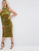 Asos High Neck Ruched Velvet Midi Bodycon Dress - Green