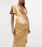 Asos Design Maternity Twist One Sleeve Midi Dress With Thigh Slit In Gold