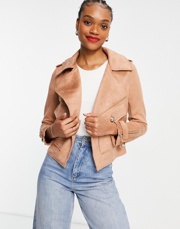 River Island Suedette Biker Jacket In Sand-neutral
