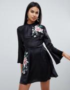 Asos Design Embroidered Wrap Front Mini Dress-black