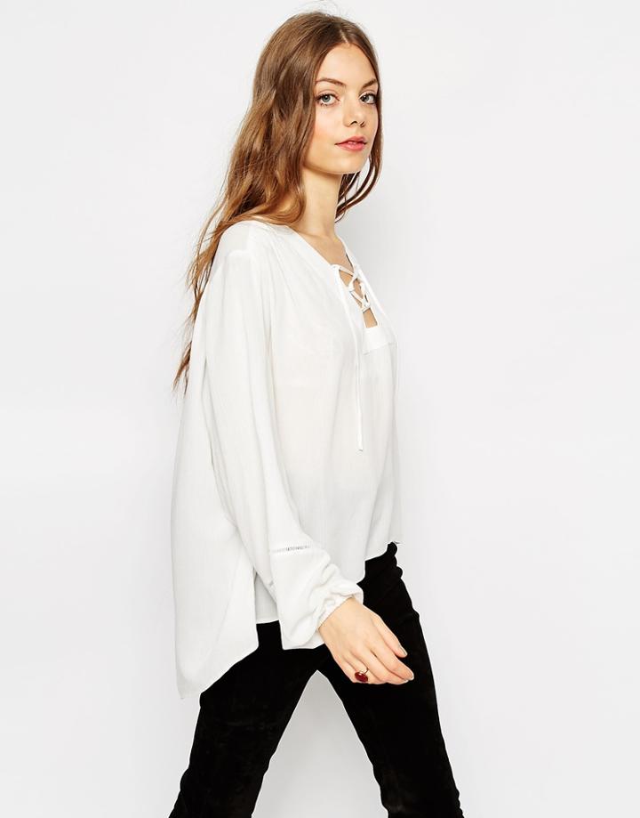 Asos Lace Up Folk Blouse - Ivory