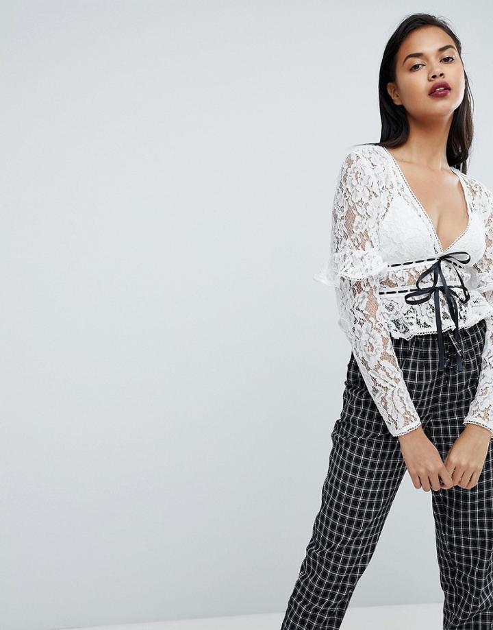 Fashion Union Lace Crop Top With Ruffle Sleeve Detail And Ribbon Ties - White
