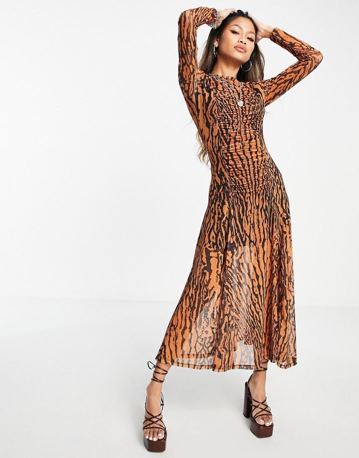 Topshop Ruch Front Animal Mesh Midi Dress-multi