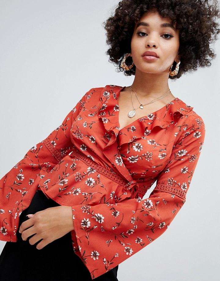 Missguided Ruffle Wrap Top In Floral Print - Brown