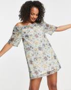 En Cr Me Off Shoulder Smock Dress In Yellow Floral Print-green