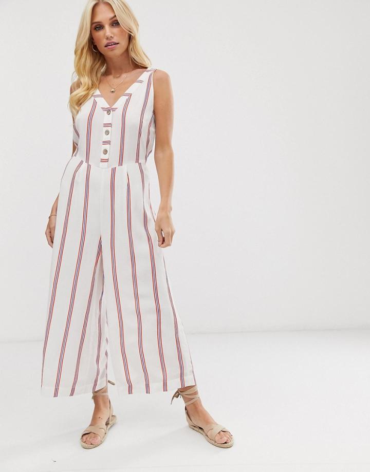 Vero Moda Button Down Stripe Culotte Jumpsuit-white