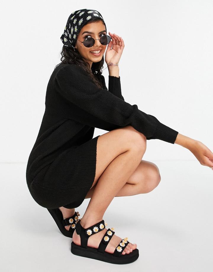 Miss Selfridge Puff Sleeve Knitted Mini Dress In Black
