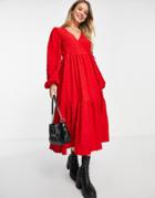 Monki Recycled Polyester Wrap Midi Dress In Bright Red